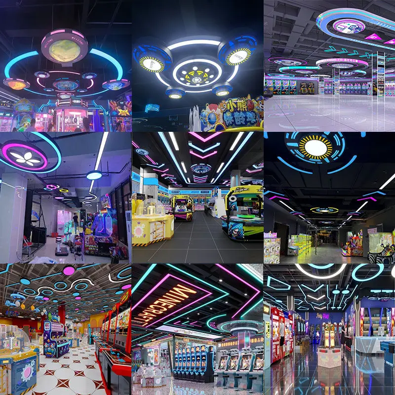 Arcade-moderner Raum mit großem Spielcenter, Vergnügungspark, Kinderspielplatz, E-Sports-Halle, Einkaufszentrum, Supermarkt, VR-Raum