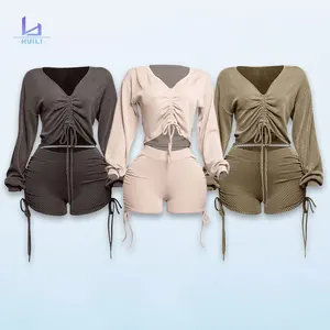 Huilin Manufacturer Oem Drawstring Long Sleeve v Neck Crop Top & Shorts Two Piece Clothing Summer Women Pajama Loungewear Set