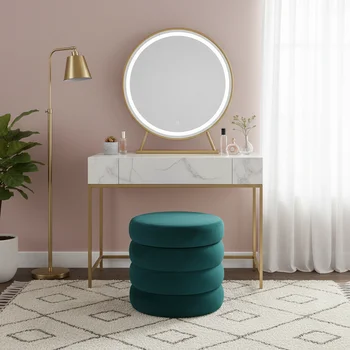 Nordic Modern Velvet Fabric Small Round Ottoman Foot Stool for Bedroom and Living Room Low Storage Ottoman