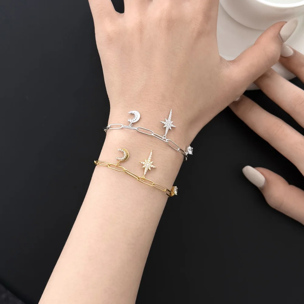 KAKODIY Exquisite Eight Point Star and Moon Chain Bracelet Adjustable Chain Shiny Cubic Zirconia Exquisite Women's Bracelet detail 1