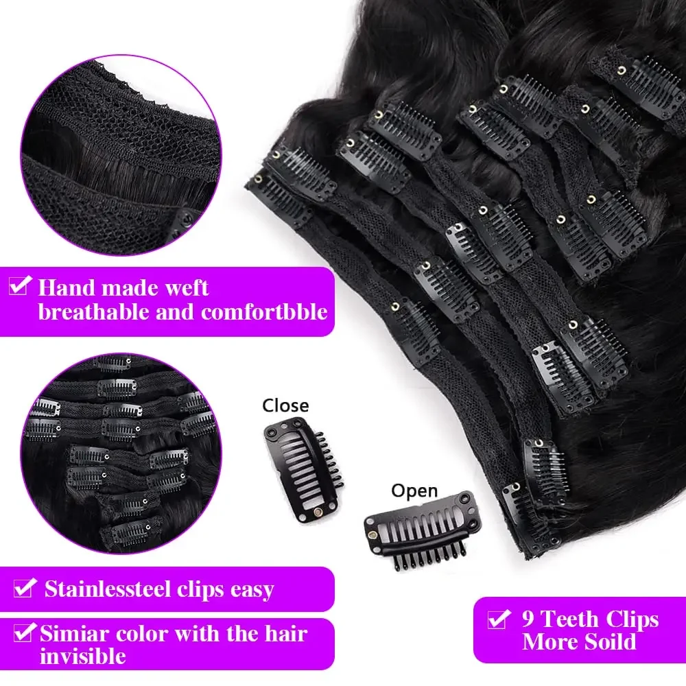 Extensions de cheveux humains à clips Body Wave en cheveux humains brésiliens véritables couleur naturelle #1B 120 g/ensemble_voghion.com