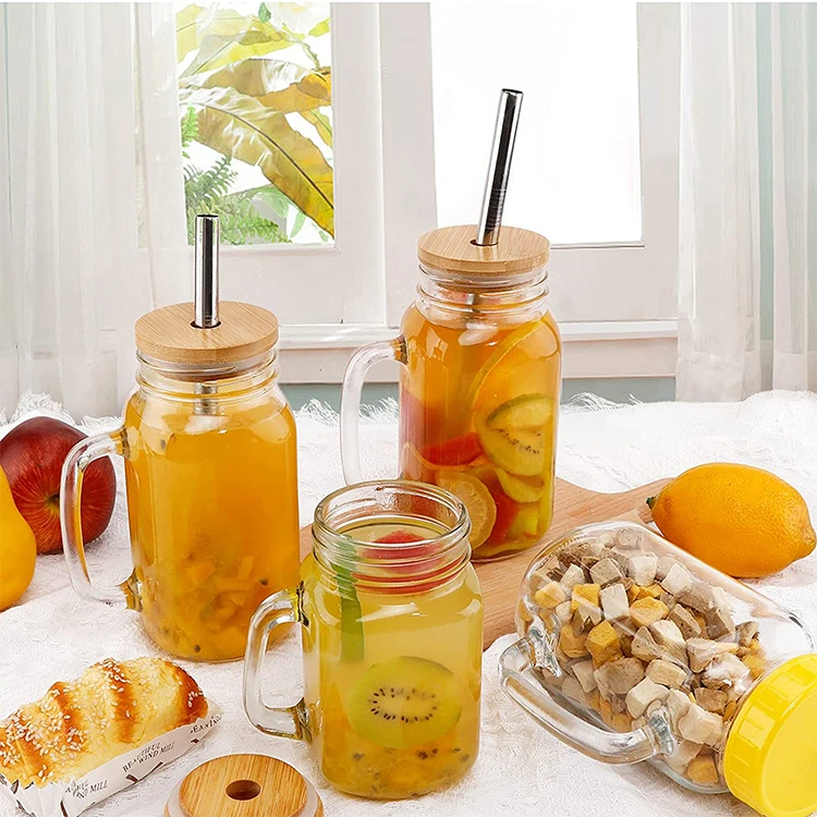 Wholesale Reusable Wide Mouth Drinking Mug 24 Oz Glass Mason Jar With  Handles and Wooden Lid