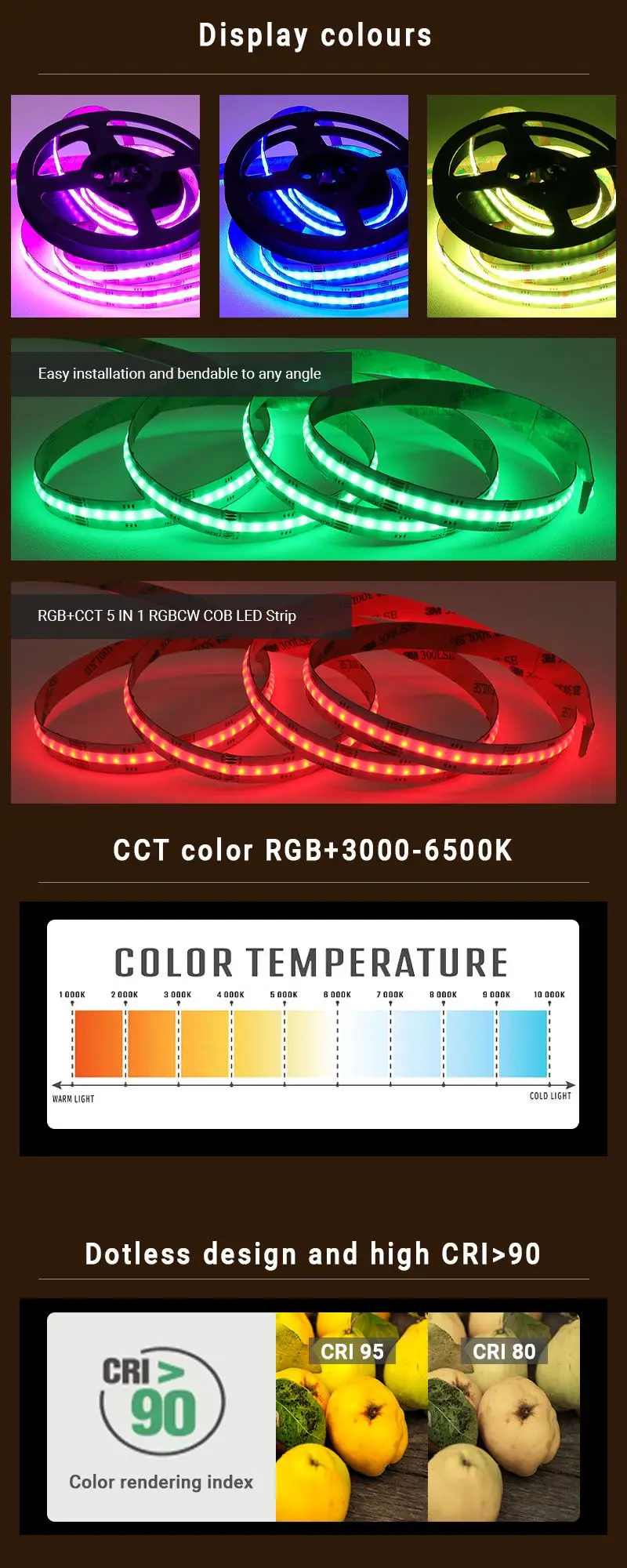 Arraystar New High Density Leds M Cob Strip Light In Color Rgbcw Rgb Cct Rgb Cob Led