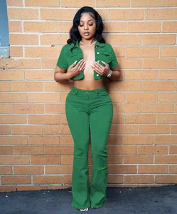 2025 Spring Women Short Sleeve Single Crop Top Flare Pants 2 Piece Set