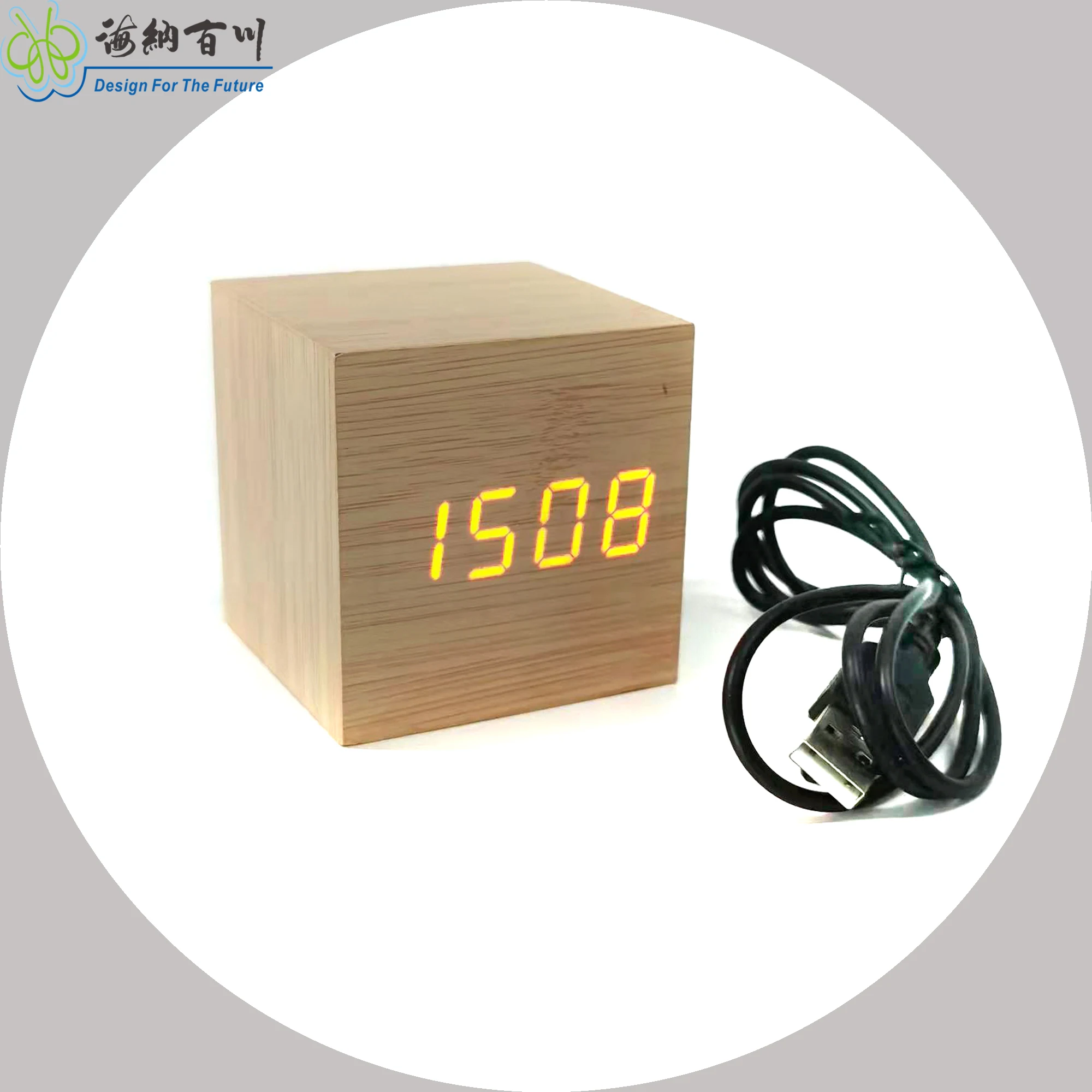 Minimalist Mini Cube Wood Alarm Clock Digital LED Light Date Temperature Smart Office Kids Bedroom Square Wooden Mini Office
