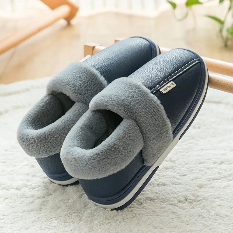 Leather slippers men winter home indoor couple cotton slippers