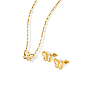 Fresh and sweet personality versatile minority design sense Butterfly White Seashell Necklace Earring Jewelry Set