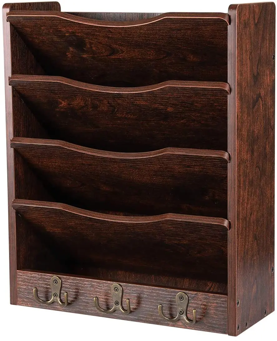 Wall Mounted Wooden Key Holder Cabinet Storage Box with 6 Hooks Brown 