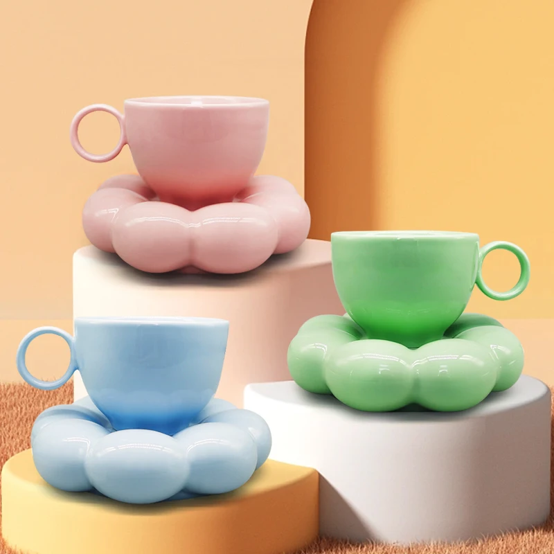 2023 New Design INS Net Red Macaron Series Ceramic  Cups Sunflower Coffee Ceramic Cups and Saucers