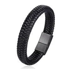 Wholesale Luxury Men's Jewelry Vintage Braided Magnetic Clasp Black Snap Leather Bracelet Man