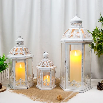 Set of 3 Vintage White Metal Moroccan Lantern Candle Holders