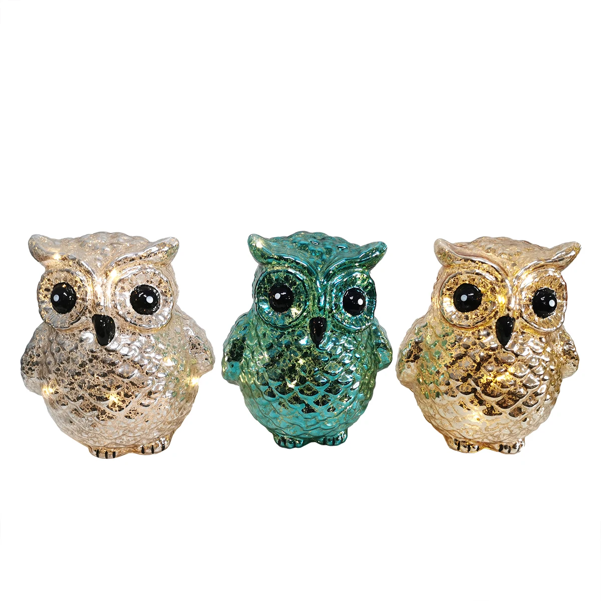 Battery powered led light up silver mercury hand blown glass lifelike Christmas owl figurines decoration ornaments set