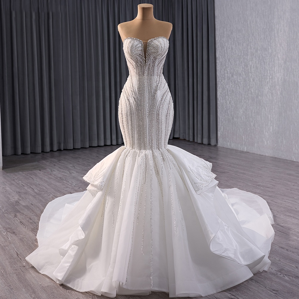 chinese dress ladies Pearl Beaded Corset Mermaid Wedding Dress with Tulle Sleeves 20 / Dress main image 1