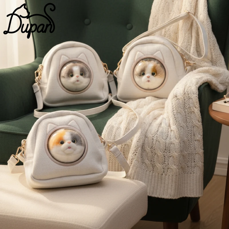 DUPAN 2026 New Cute Cat Head Pendant Backpack Women Large Capacity Multi-Function Daily Use One Shoulder Zipper Handbag