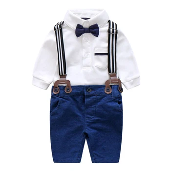 Gots Certified Cotton Fabric Baby Boy Formal Suit 2-Piece Romper Top Blue Pants Kids Clothes Wear Kids Clothing Set