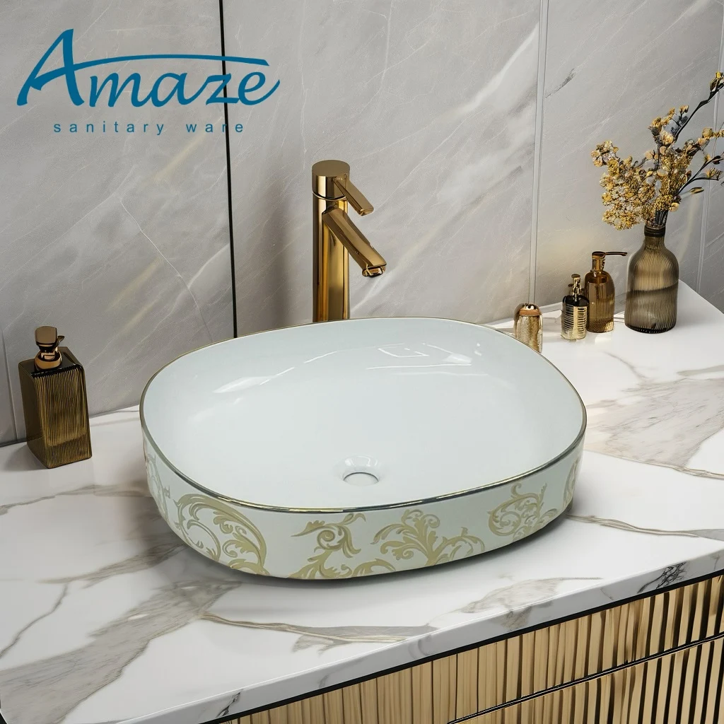 Modern light luxury counter basin bathroom face basin household gold-plated pattern ceramic wash hand basin