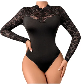 New Lace Splicing Sexy Slim Fit Slimming Black Long Sleeve Fashion Women's Jumpsuits Playsuits For Women