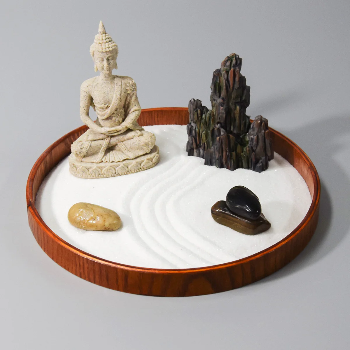 ICNBUYS Mini Zen Garden Classic with Free Rake Bamboo Pen Pushing Sand Pen Zen Garden Drawing Guild and Selected River Stones Well Packaged Gift Base Tray Dimensions 10 x 7 inches 