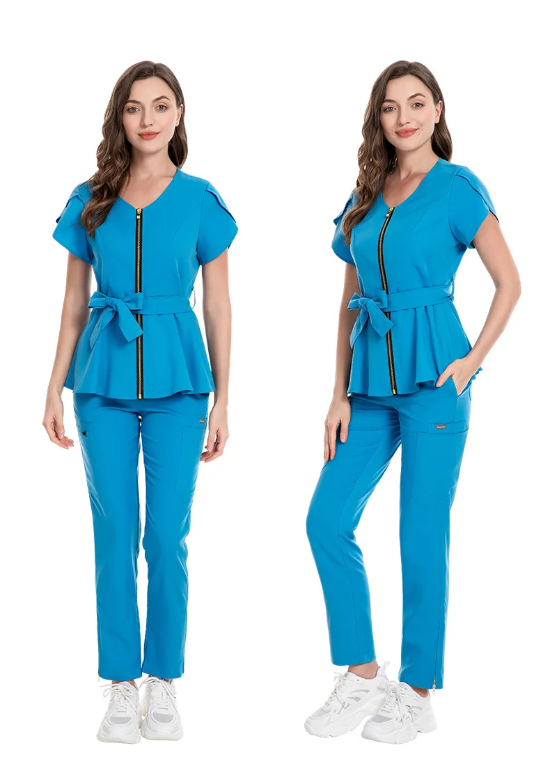 Nursing Uniform Sets Women's Fashion Lace-up Waist Short-sleeved Elastic Overalls Scrubs Nurse Uniforms for Hospital Top & Pants