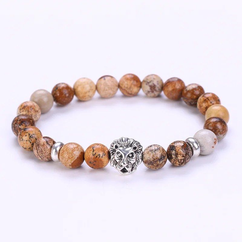 8mm Natural Gemstone Beaded Chakra Bracelet with Elastic Alloy Lion Head Anniversary Gift for Men and Women