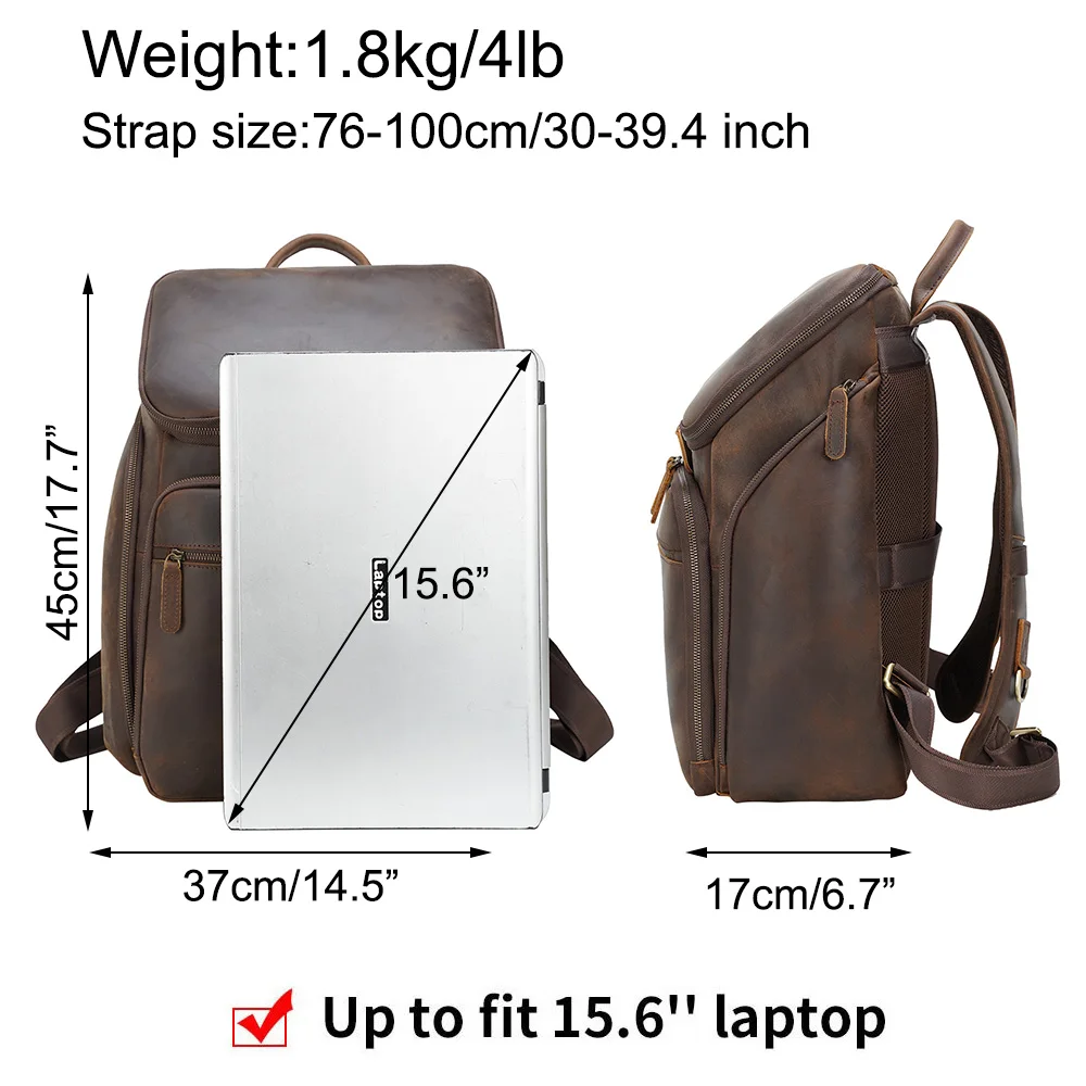High Quality Classic Design Dark Brown Male Genuine Leather Back Pack Bag 15.6 Inch Laptop Backpack Bag