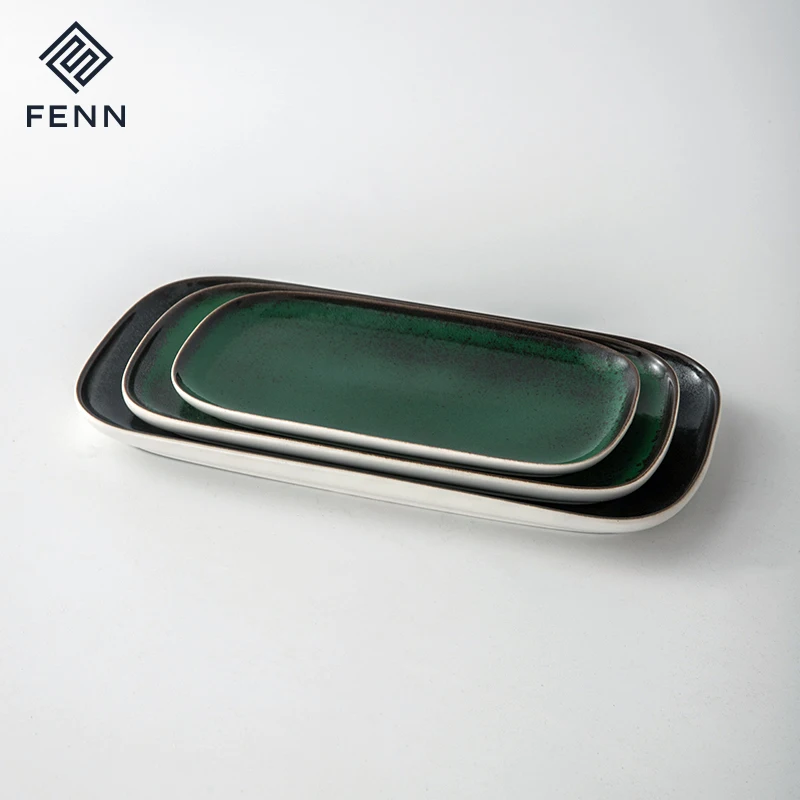 FENN OEM/ODM Vintage Reactive Green Glaze Sushi Catering Dinner Rectangle Plates Ceramic Platter Wholesale Serving Platter