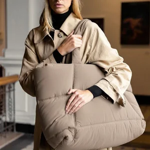 Custom Size Logo Large Capacity Water-resistant Lady Women Puffer Puffy Nylon Shoulder Bag Quilted Puffer Tote Bag