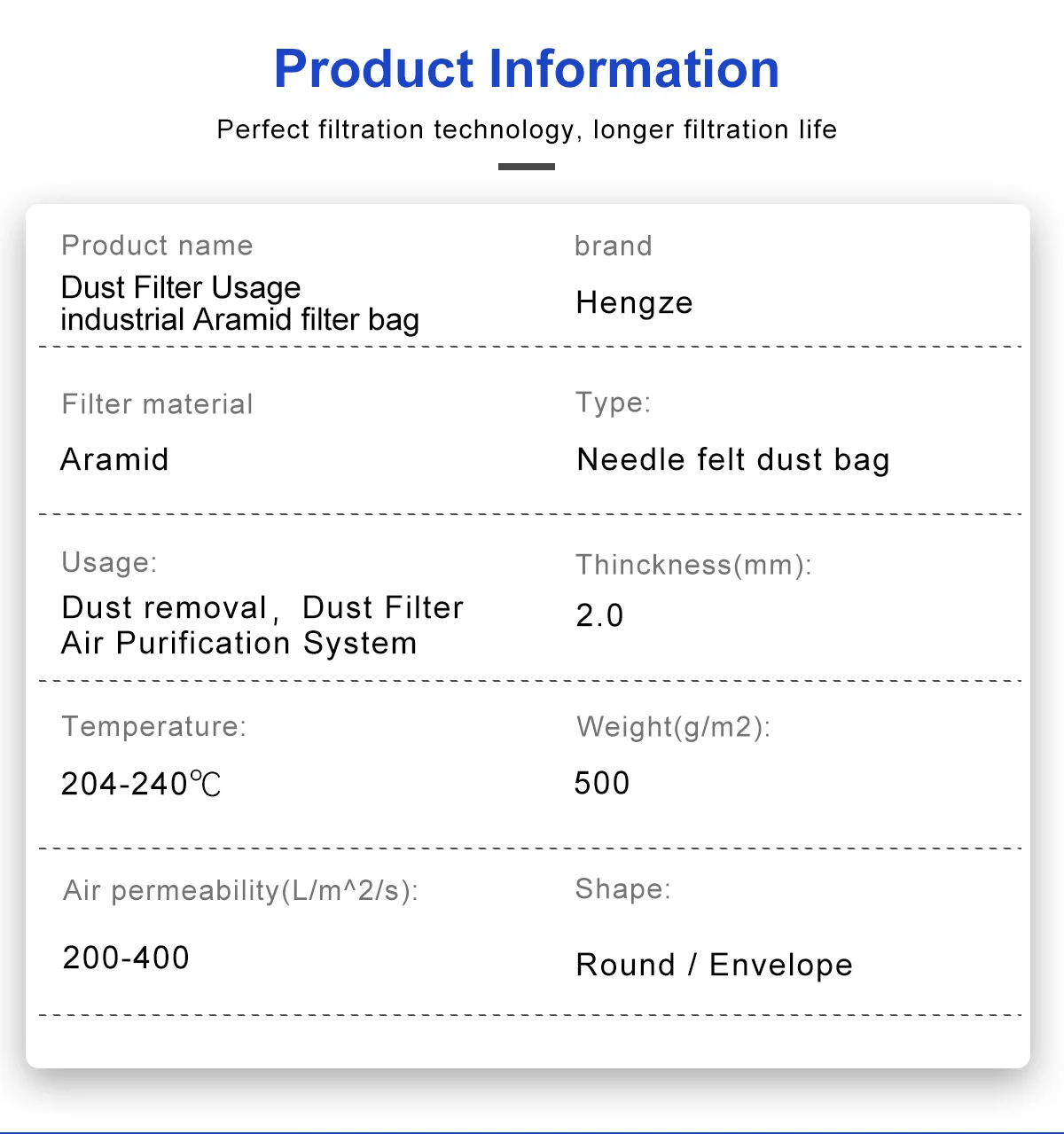 All Types Bag Filter High Temperature Aramid Nomex Needle Felt Filter Bag For Filtrat/ Cement