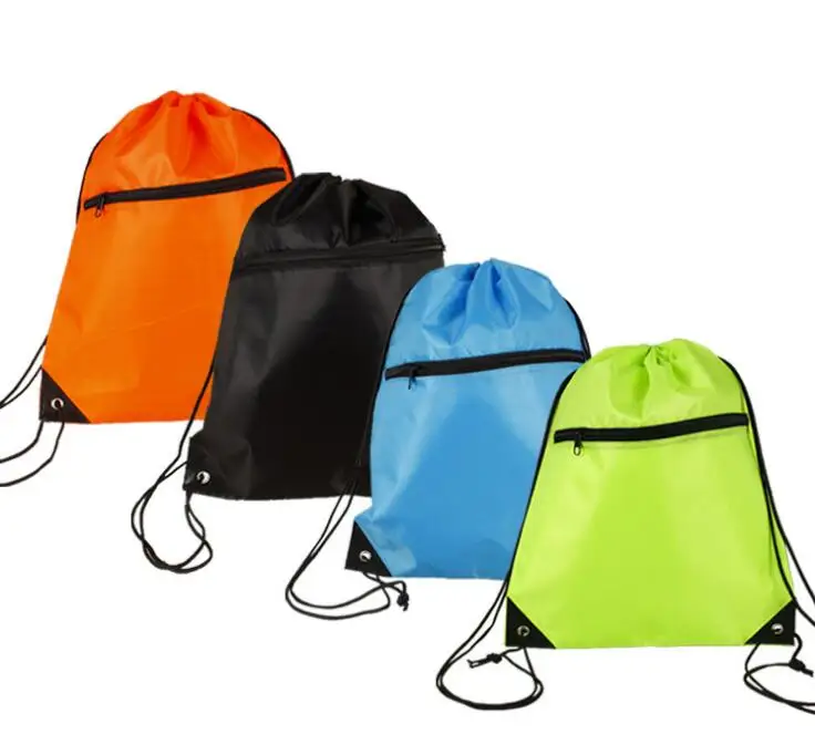 Wholesale 210d Polyester Drawstring Backpack Printed Drawstring Bag With Zipper Pocket