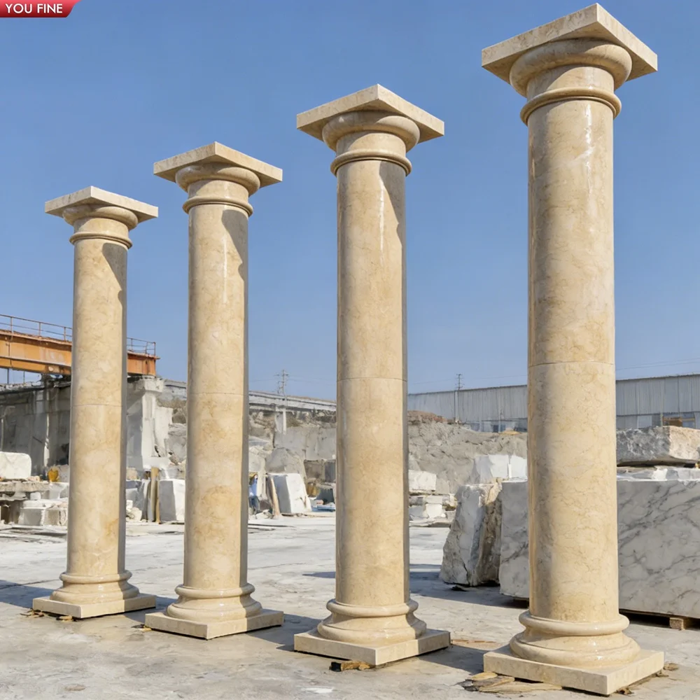 YOUFINE Beige Marble Roman Columns Hand Carved Decorative Pillars for Villa Hotel Building Projects