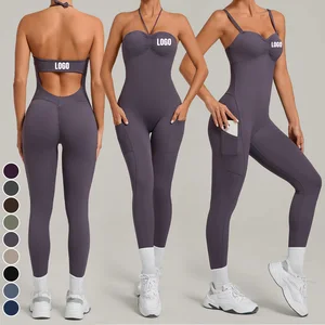 Custom Logo Backless Yoga Jumpsuits Butt Lifting Sleeveless Side Pockets Tight Activewear Breathable Quick Drying Gym Bodysuits