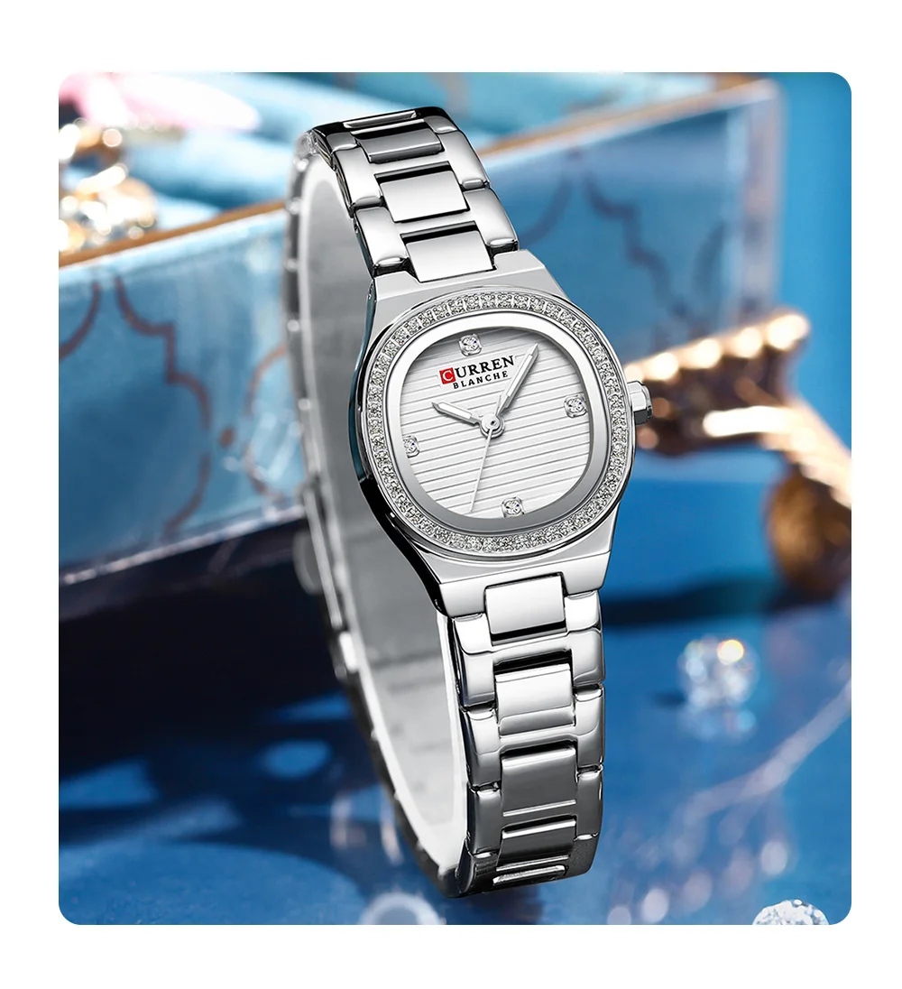 Curren 9101 Square Small Dial Luminous Hands Luxury Diamond Waterproof Stainless Steel Beauty Style Original Watch for Women