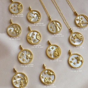 Custom 925 Sterling Silver Zodiac Jewelry 14k 18k Gold Plated Shell Round Horoscope Zodiac Sign Coin Pendant Necklace