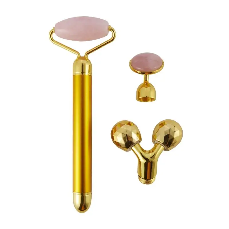 3 In 1 Electric Vibrating Jade Stone Roller Set Natural Rose Quartz Jade  Face Lifting Massager with 3 Replaceable Heads