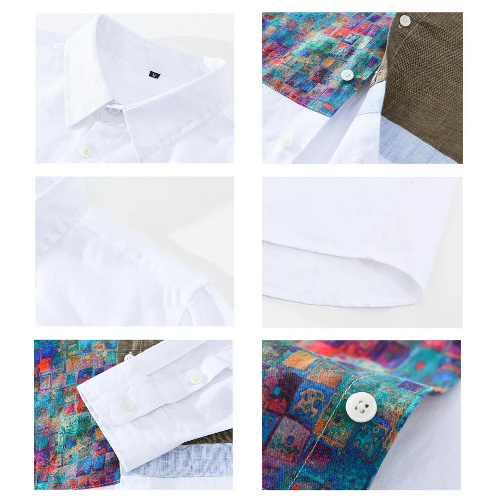 2025 New Design High Quality Casual Buttons Pure Linen Long Sleeve Shirts For Men Patchwork Linen Shirt_voghion.com