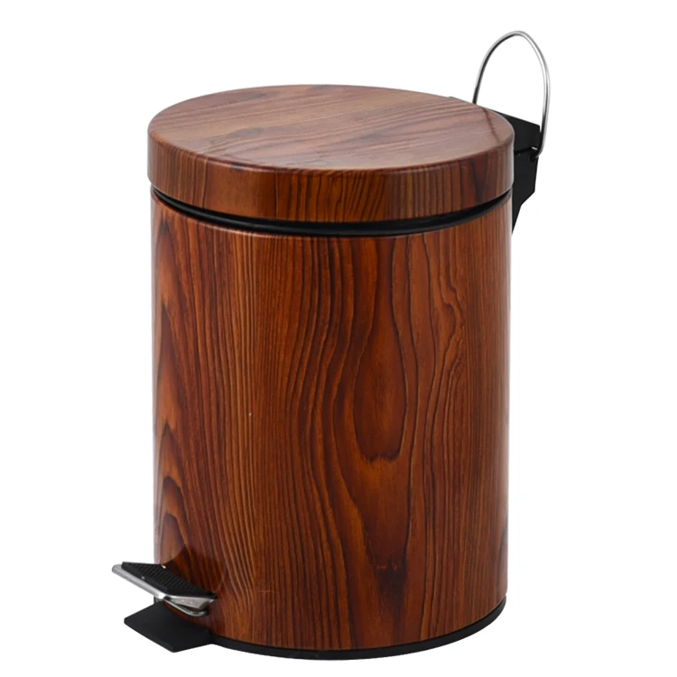Metal trash can with wood grain step foot pedal kitchen dust bin