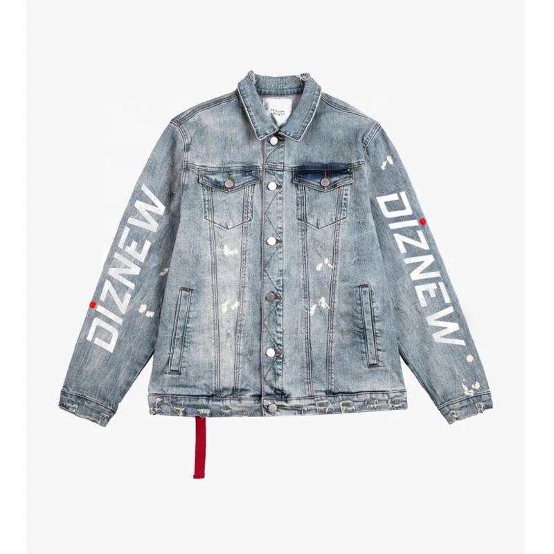 DiZNEW  high quality damaged blue painted  denim jacket men's coats and denim trench coat fashion denim jacket factory