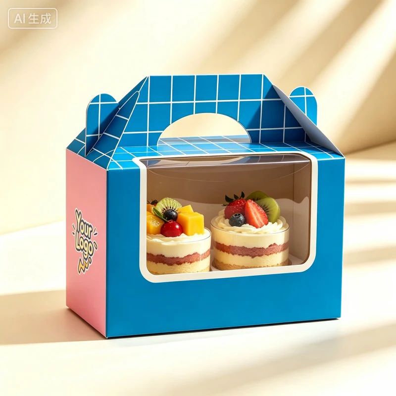 Engroskakeboks i papir av matkvalitet med vindu, pakking for snacks til å ta med, med håndtak, tilpasset bursdagskakeboks