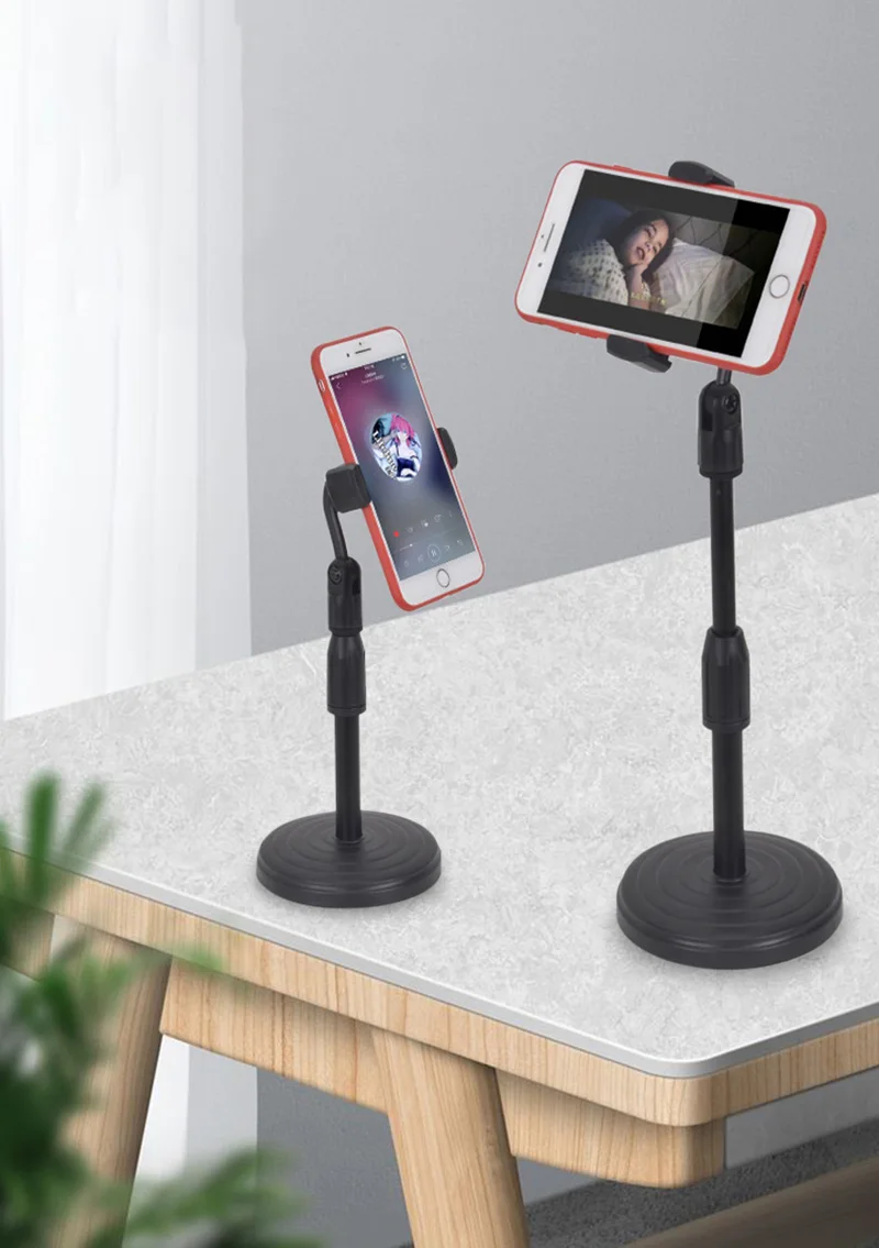 2 in 1 Mobile Phone Holder Tablet Stand Desk 360 Rotate for Desktop Live Streaming Overhead Shoot Video Round Base