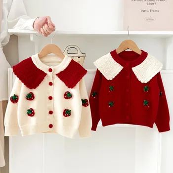 Girls' Sweater Cardigan 2025 New Style for Baby Girls Strawberry Pullover Cardigan Top Sweetheart Princess Fashion