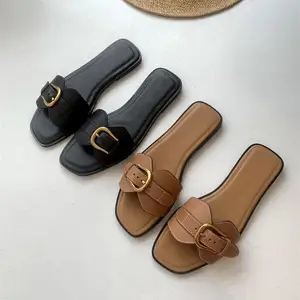 2026 New Summer Outdoor Flat Fashion Slides Women's Square Toe Soft Sole One-Word Flip-Flops Metal Belt Buckle for Slippers