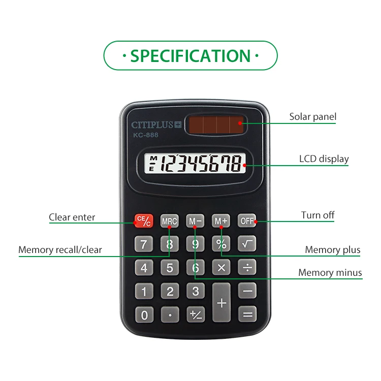 Электронный калькулятор, мини-калькулятор на солнечной батарее, оптовая продажа, канцелярский калькулятор kc 888 для детей