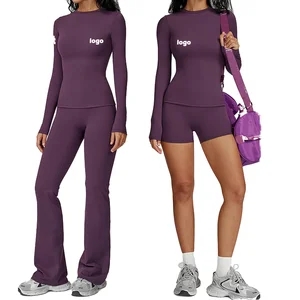 Personalized Customization Solid Front Woman Outfit Activewear Long Sleeve T Shirts High Waist Tummy Control Flare Pants Gym
