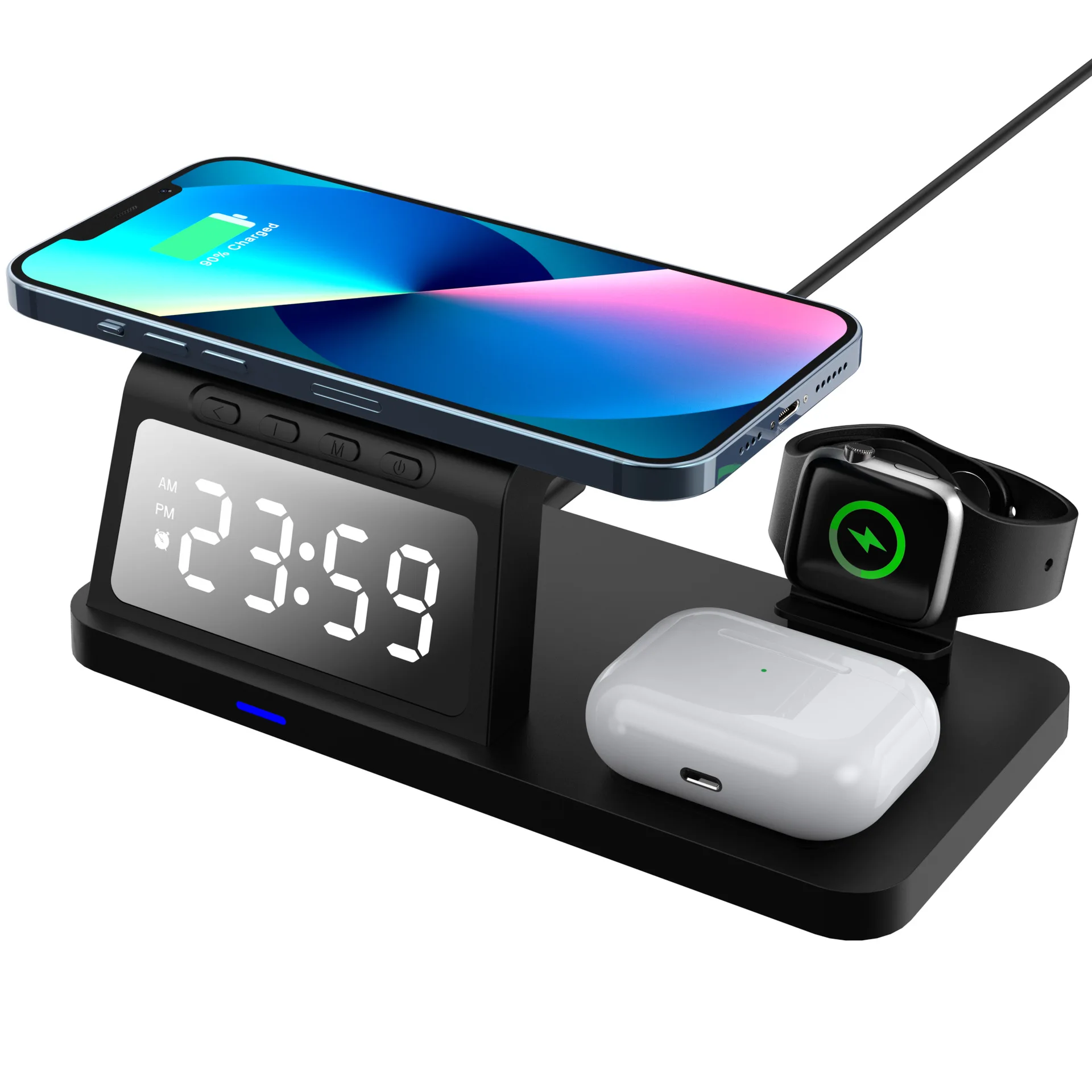 New Products 3in1 Wireless Charger with Alarm Clock HT-506 15W Fast Charging Station for iphone Iwatch Earphone Charger