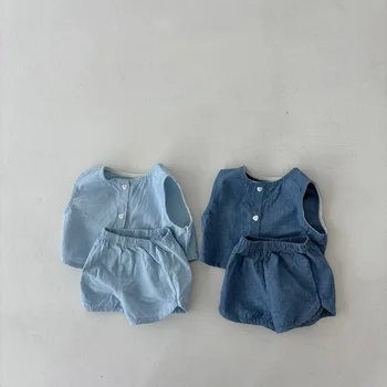 Korean Style Ins Vest Shorts Denim Suit Summer Fashion Casual Two-Piece Set for Boys and Girls Solid Pattern Baby Set