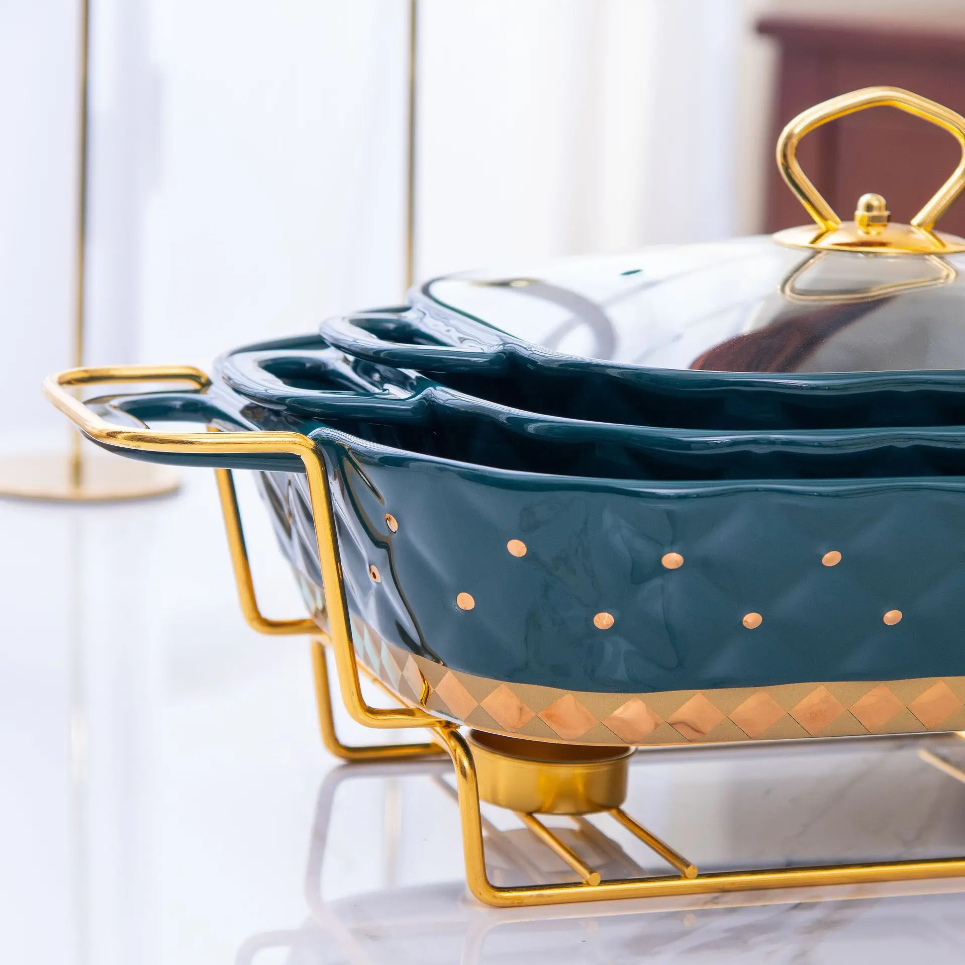 Wholesale Rectangle Ceramic Hot Pot Food Warmer Set Chafing Dish