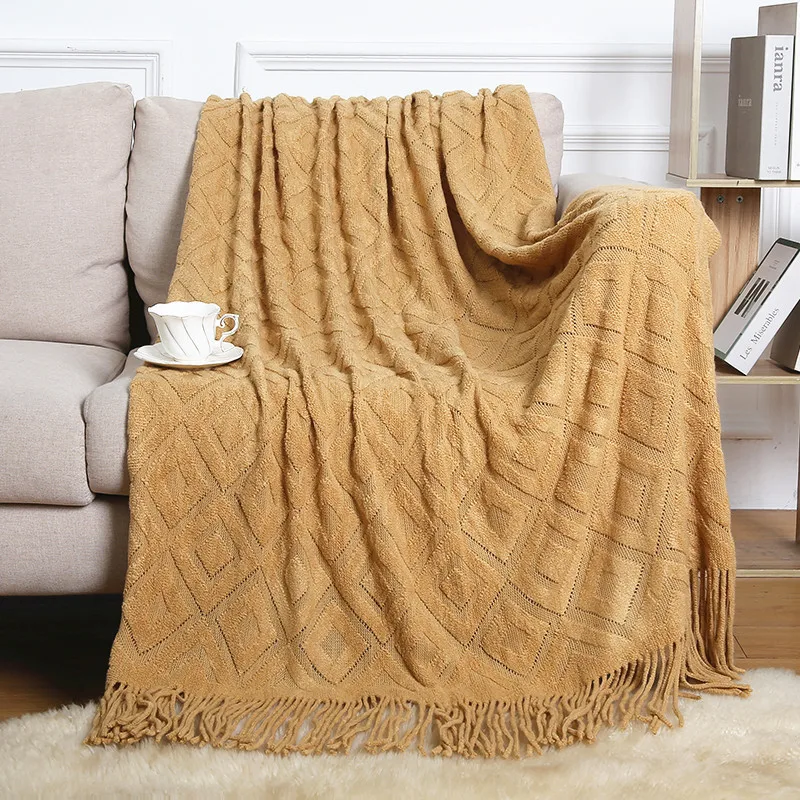 Factory Low Price Acrylic Knitted Rectangular Blanket Solid Jacquard Decorative for Bed Sofa Festive Style factory