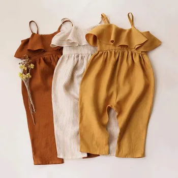 Amazon Ins Popular Style Cotton And Linen Suspenders Flounces Side Jumpsuit Bulk Wholesale Baby Clothes For Kids Girls Baby