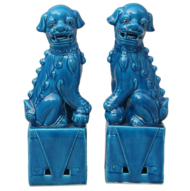 Middle  Size Blue Color Ceramic Fu Statue Home Decoration Standing Foo Dog