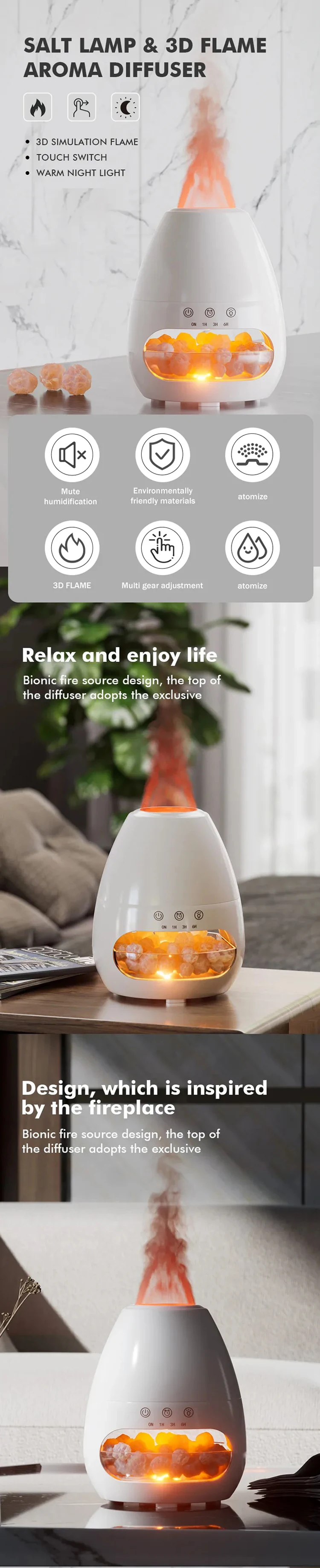 200ml Himalayan Salt Lamp Diffuser Crystal Stone 3d Flame Air